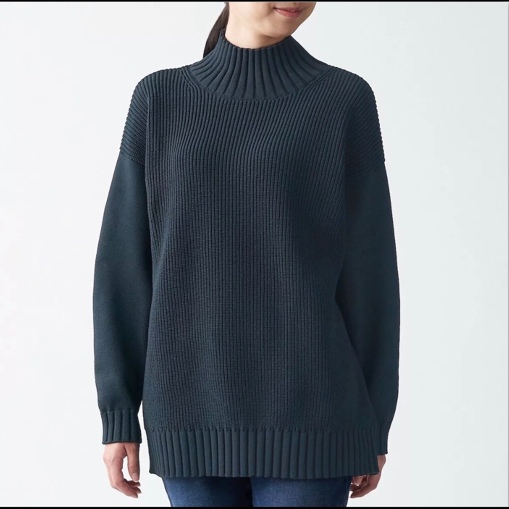 MUJI - Hollow Fiber Rib Knit Mock Neck Tunic - Black